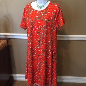 🛍️LuLaRoe Carly Orange Aztec Print Pullover Dress Large